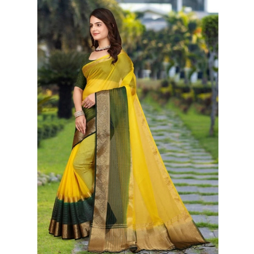 Vaystra Khadi Cotton Solid Saree With Unstitched Blouse 5.5Mtr – Yellow