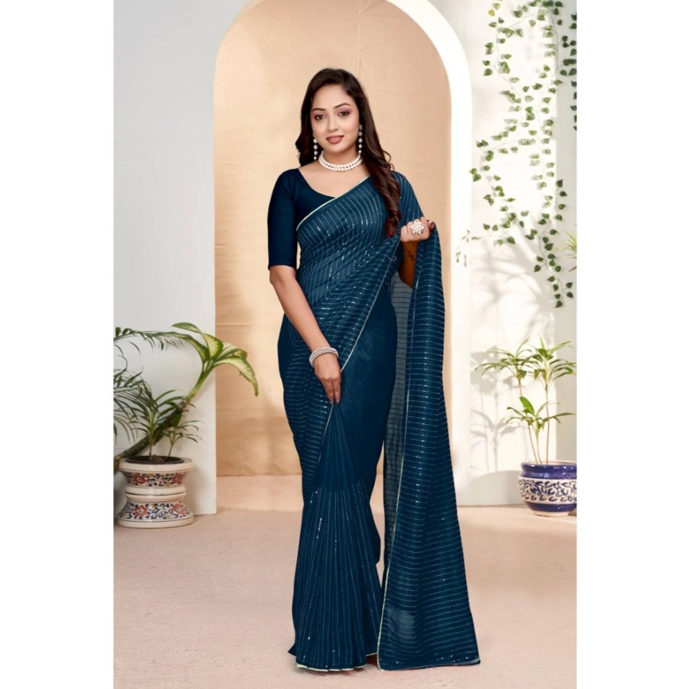 Vaystra Vichitra Silk Striped Saree With Unstitched Blouse 5.5Mtr – Blue