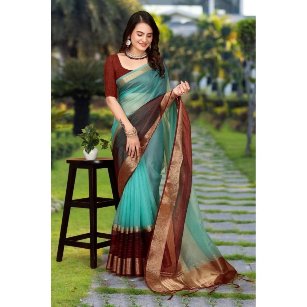 Vaystra Khadi Cotton Solid Saree With Unstitched Blouse 5.5Mtr – Sky Blue