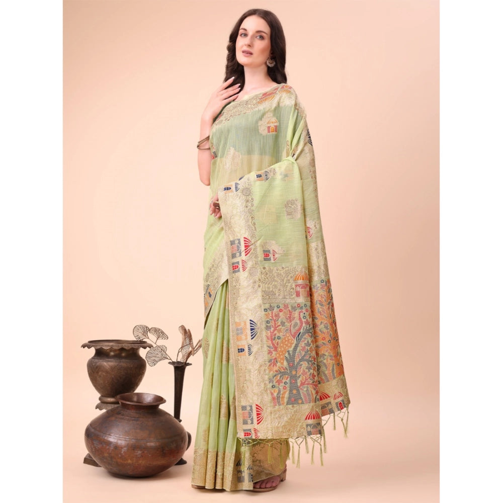 Vaystra Linen Cotton Printed Saree With Unstitched Blouse 5.5Mtr – Light Green