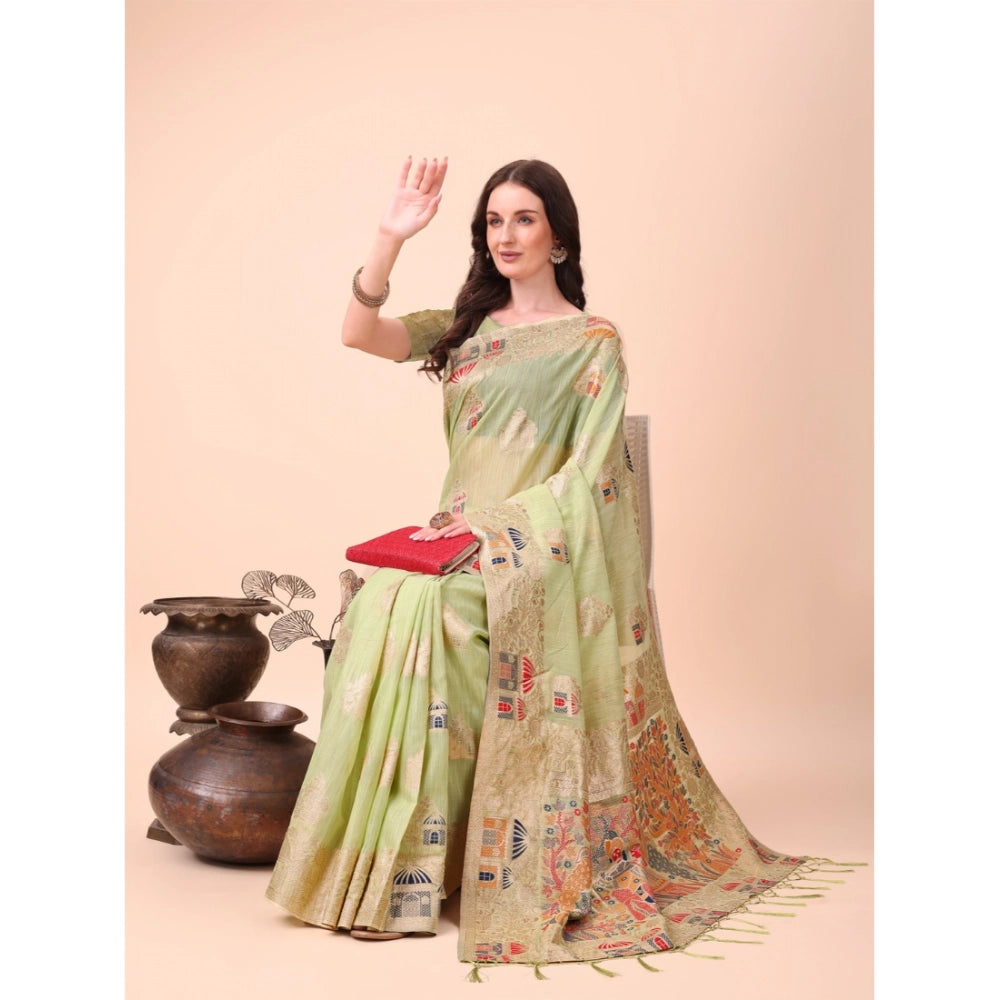 Vaystra Linen Cotton Printed Saree With Unstitched Blouse 5.5Mtr – Light Green