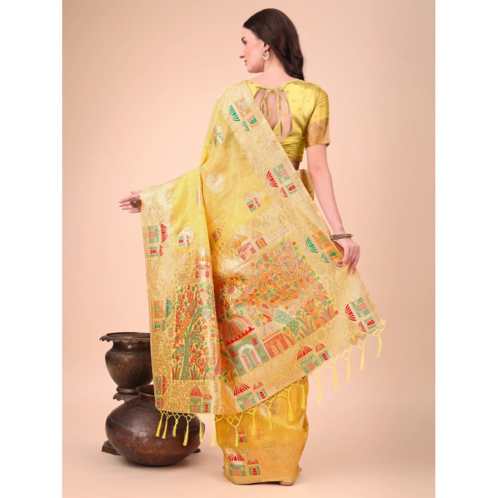 Vaystra Linen Cotton Printed Saree With Unstitched Blouse 5.5Mtr – Yellow