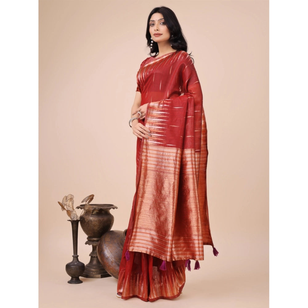 Vaystra Linen Cotton Printed Saree With Unstitched Blouse 5.5Mtr – Red