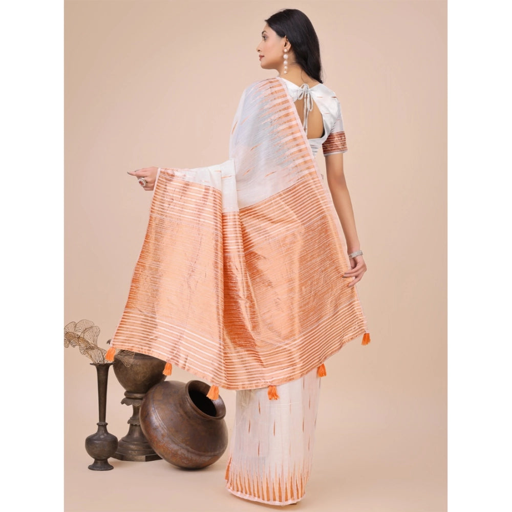 Vaystra Linen Cotton Printed Saree With Unstitched Blouse 5.5Mtr – White