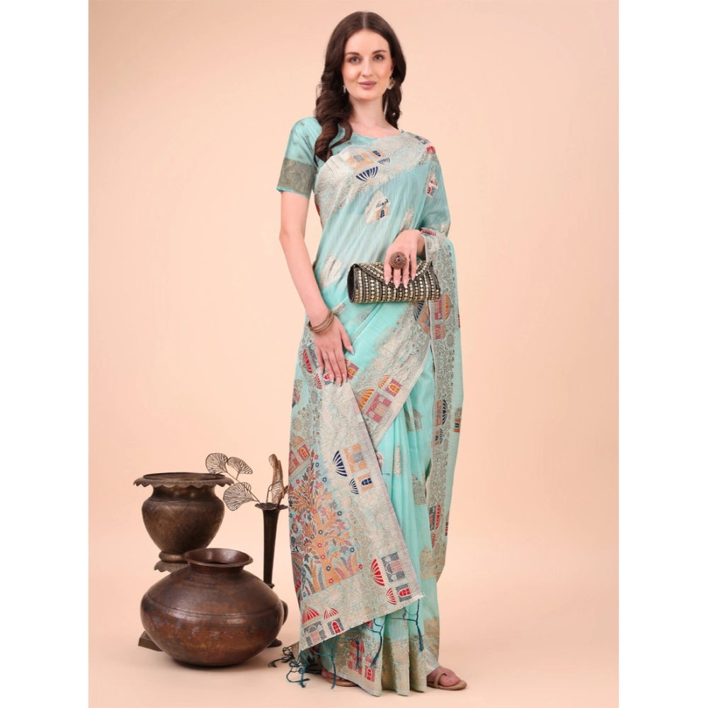 Vaystra Linen Cotton Printed Saree With Unstitched Blouse 5.5Mtr – Sky Blue
