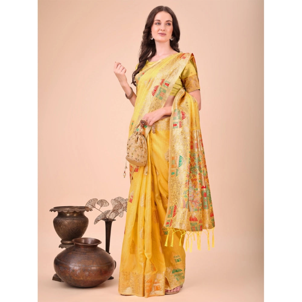 Vaystra Linen Cotton Printed Saree With Unstitched Blouse 5.5Mtr – Yellow