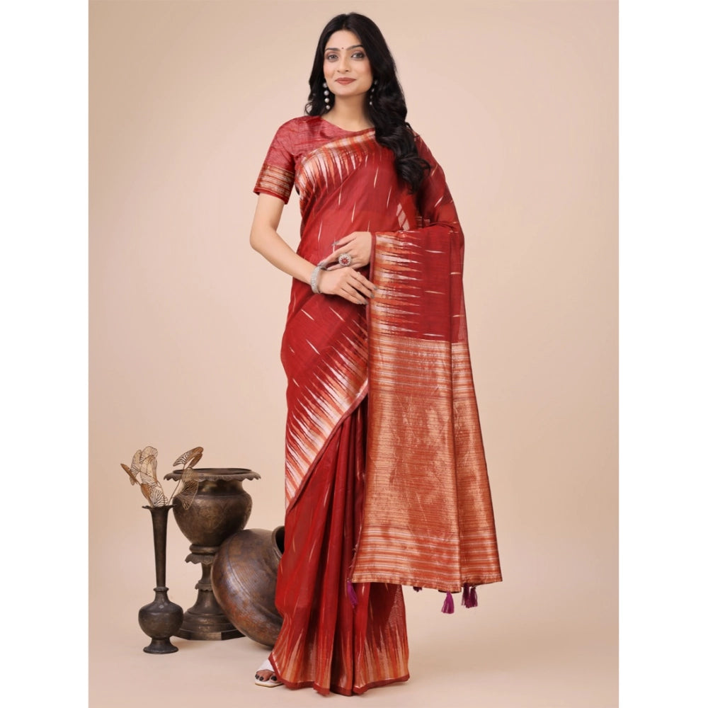 Vaystra Linen Cotton Printed Saree With Unstitched Blouse 5.5Mtr – Red