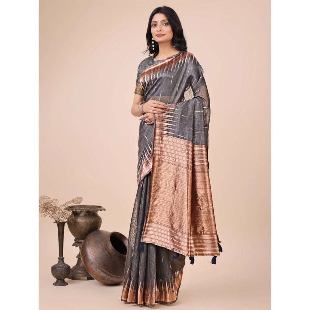 Vaystra Linen Cotton Printed Saree With Unstitched Blouse 5.5Mtr – Grey