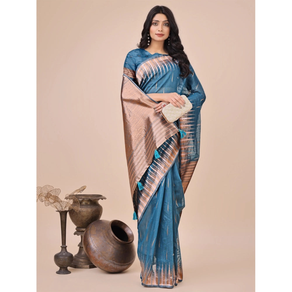 Vaystra Linen Cotton Printed Saree With Unstitched Blouse 5.5Mtr – Blue