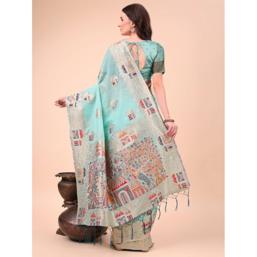 Vaystra Linen Cotton Printed Saree With Unstitched Blouse 5.5Mtr – Sky Blue