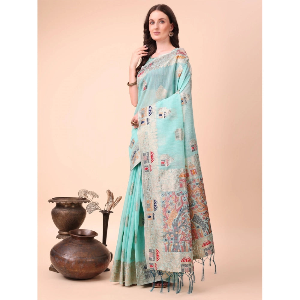 Vaystra Linen Cotton Printed Saree With Unstitched Blouse 5.5Mtr – Sky Blue