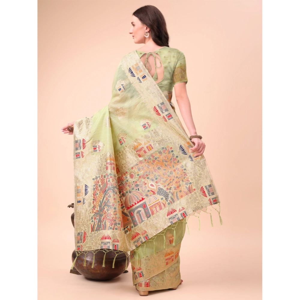 Vaystra Linen Cotton Printed Saree With Unstitched Blouse 5.5Mtr – Light Green
