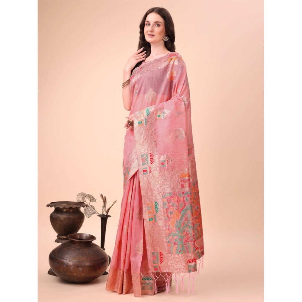 Vaystra Linen Cotton Printed Saree With Unstitched Blouse 5.5Mtr – Pink