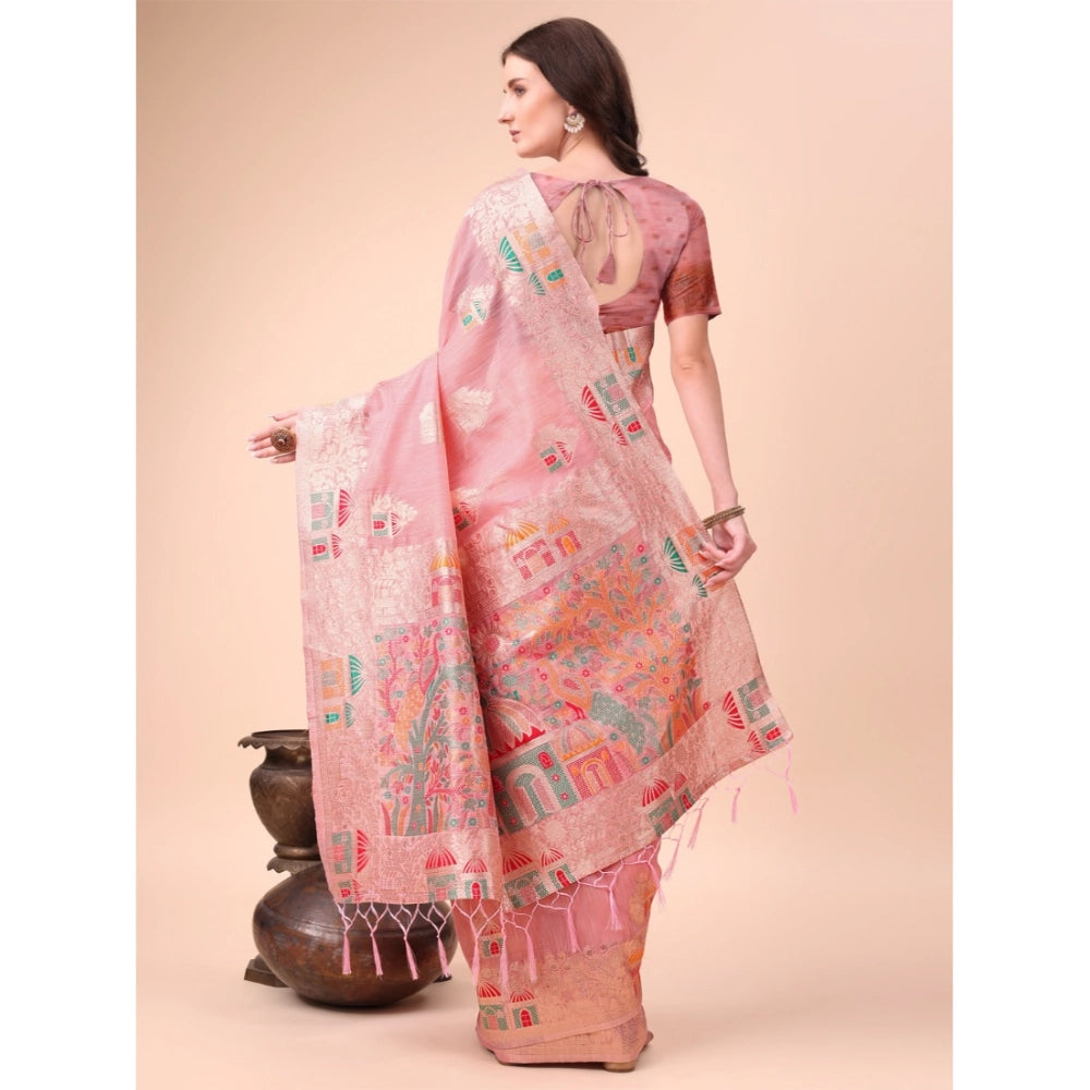 Vaystra Linen Cotton Printed Saree With Unstitched Blouse 5.5Mtr – Pink