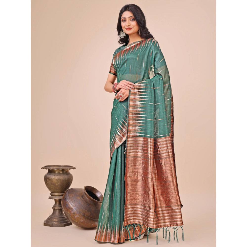Vaystra Linen Cotton Printed Saree With Unstitched Blouse 5.5Mtr – Green