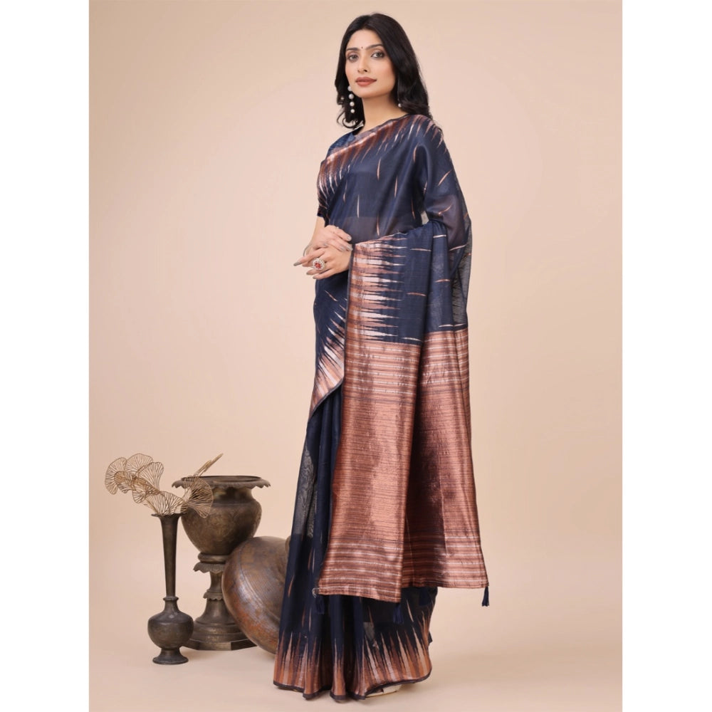 Vaystra Linen Cotton Printed Saree With Unstitched Blouse 5.5Mtr – Navy Blue