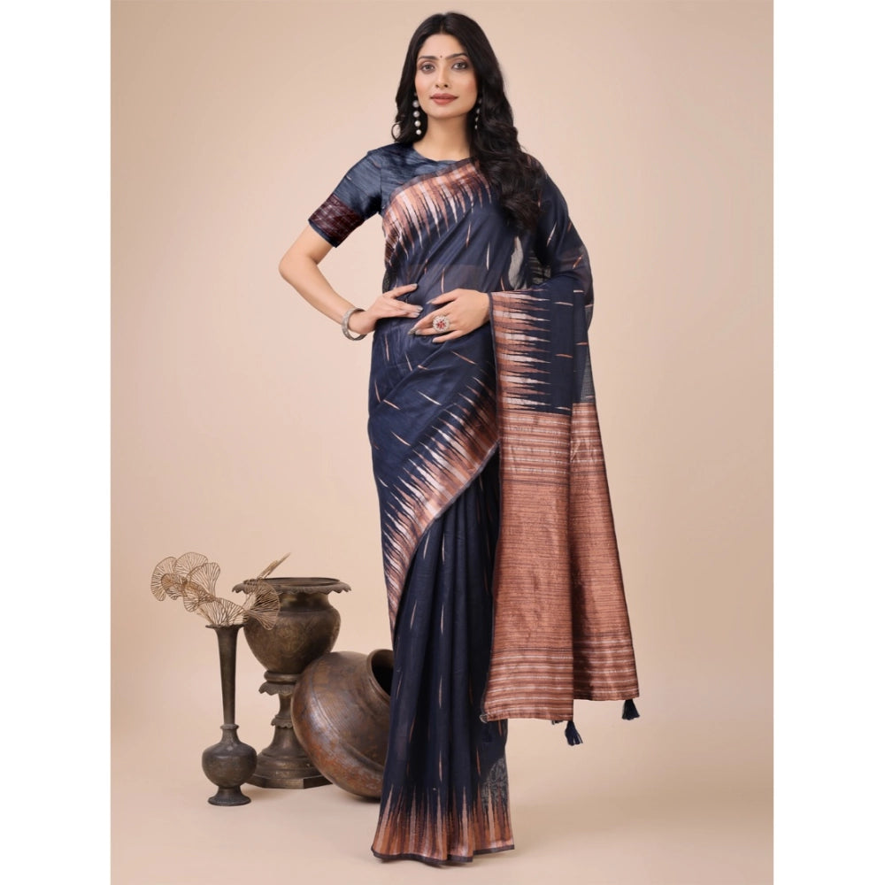 Vaystra Linen Cotton Printed Saree With Unstitched Blouse 5.5Mtr – Navy Blue