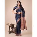 Vaystra Linen Cotton Printed Saree With Unstitched Blouse 5.5Mtr – Navy Blue