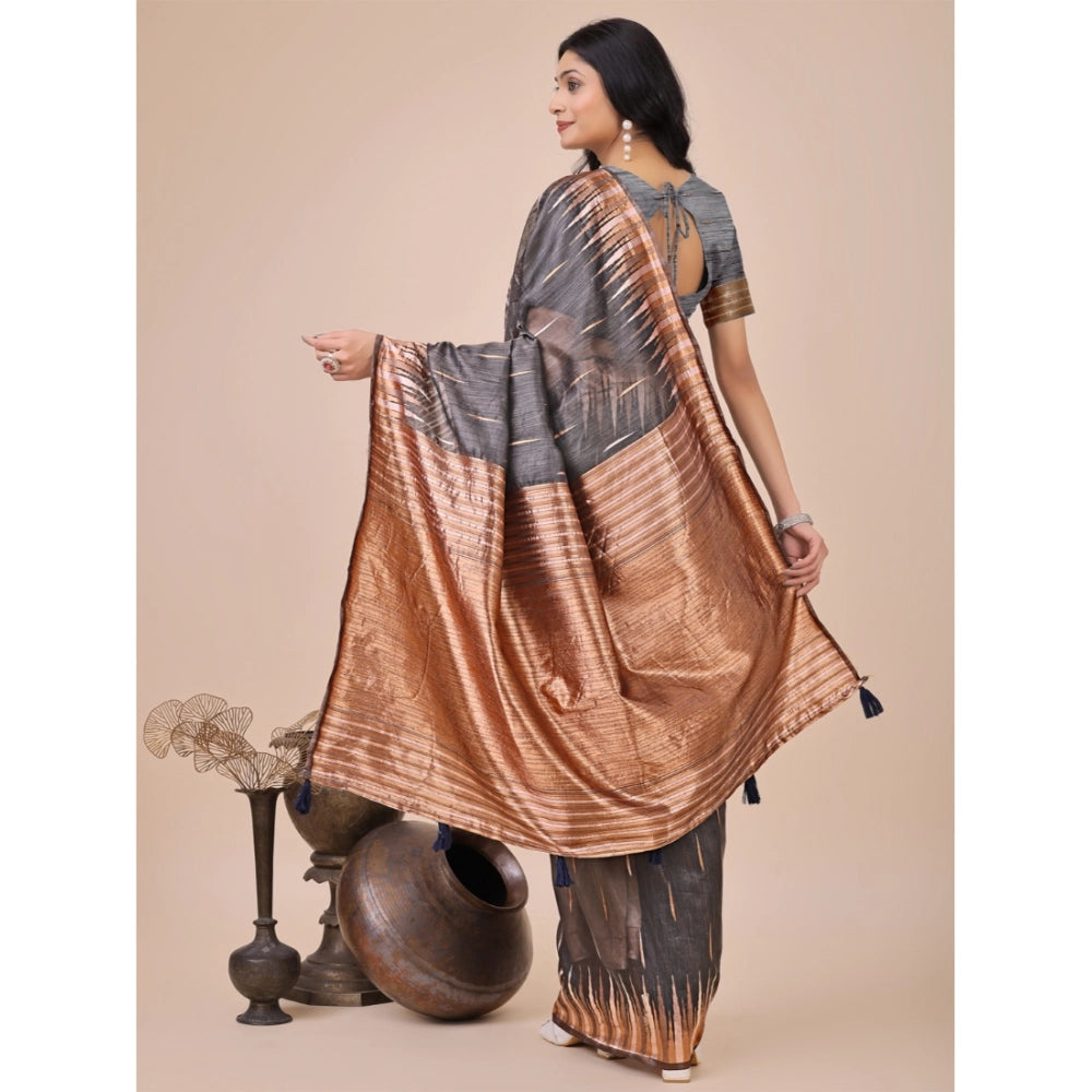 Vaystra Linen Cotton Printed Saree With Unstitched Blouse 5.5Mtr – Grey