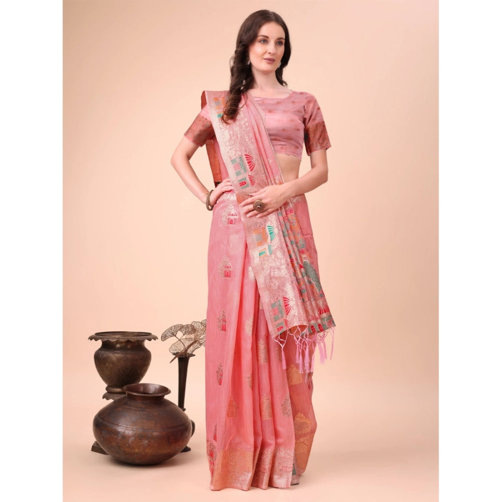 Vaystra Linen Cotton Printed Saree With Unstitched Blouse 5.5Mtr – Pink