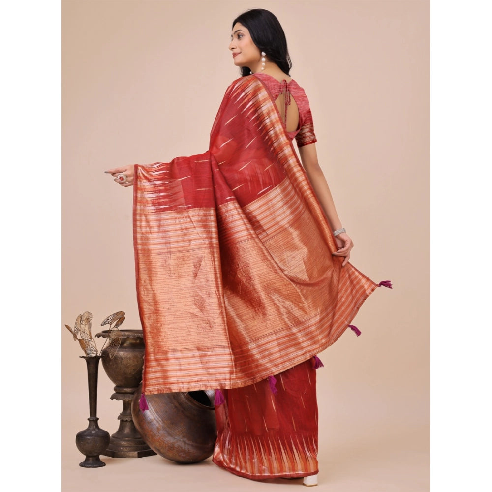 Vaystra Linen Cotton Printed Saree With Unstitched Blouse 5.5Mtr – Red