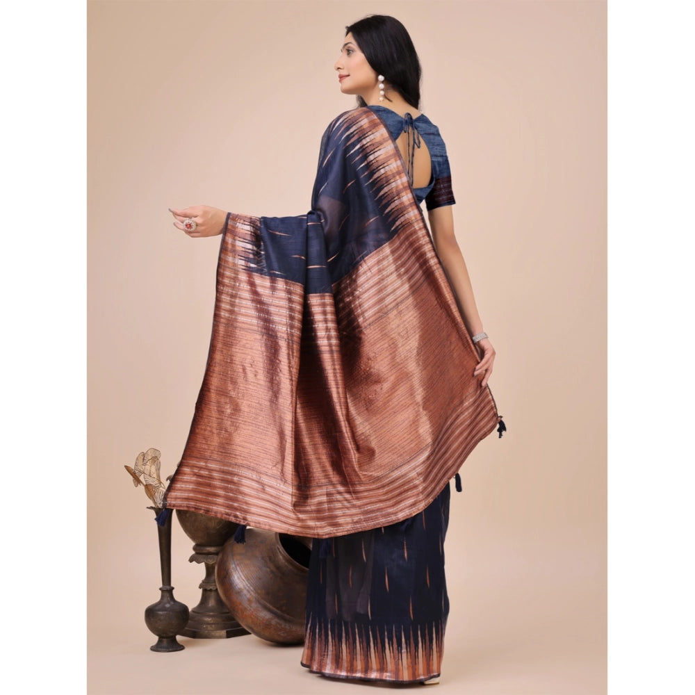 Vaystra Linen Cotton Printed Saree With Unstitched Blouse 5.5Mtr – Navy Blue