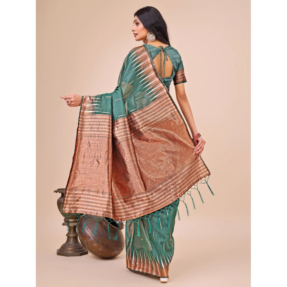 Vaystra Linen Cotton Printed Saree With Unstitched Blouse 5.5Mtr – Green