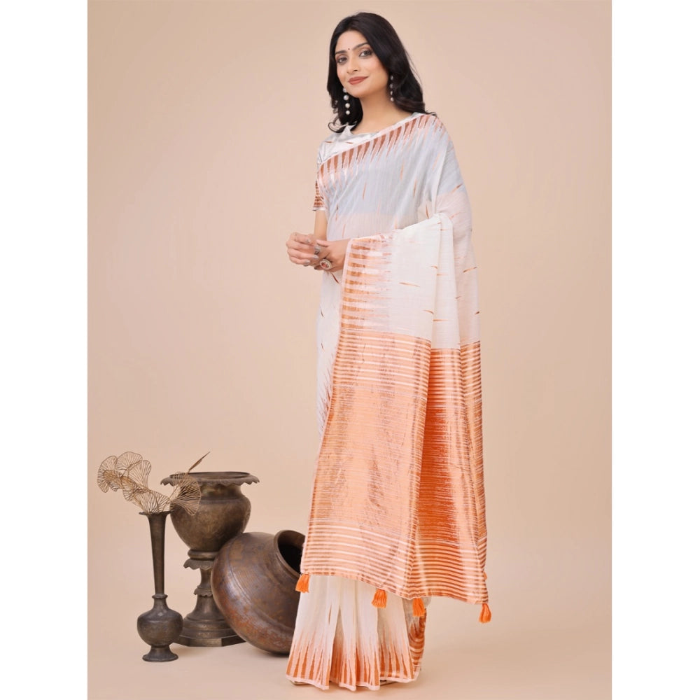 Vaystra Linen Cotton Printed Saree With Unstitched Blouse 5.5Mtr – White