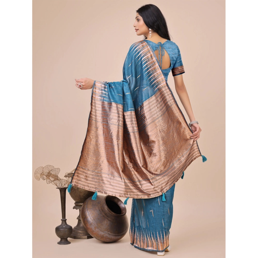Vaystra Linen Cotton Printed Saree With Unstitched Blouse 5.5Mtr – Blue