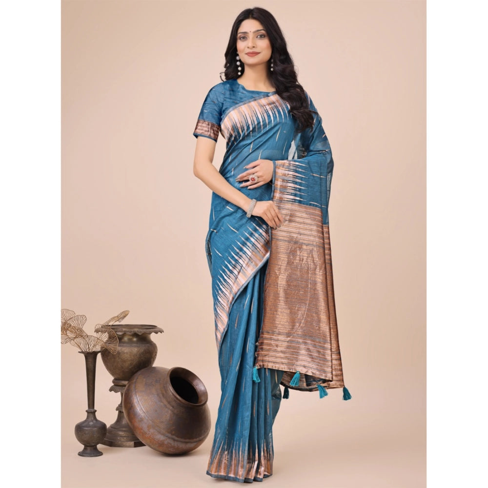 Vaystra Linen Cotton Printed Saree With Unstitched Blouse 5.5Mtr – Blue
