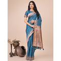 Vaystra Linen Cotton Printed Saree With Unstitched Blouse 5.5Mtr – Blue