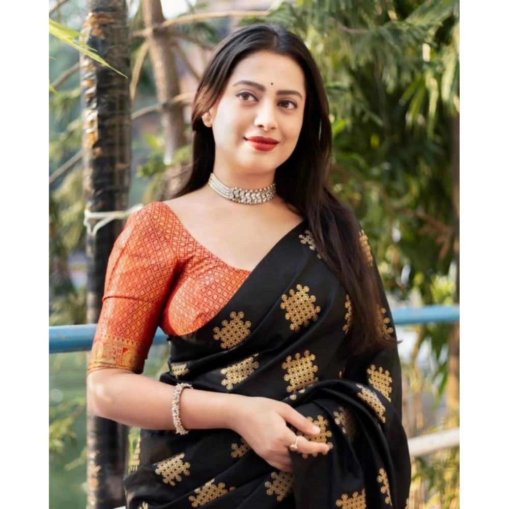 Vaystra Silk Printed Saree With Unstitched Blouse 5.5Mtr – Black-Orange