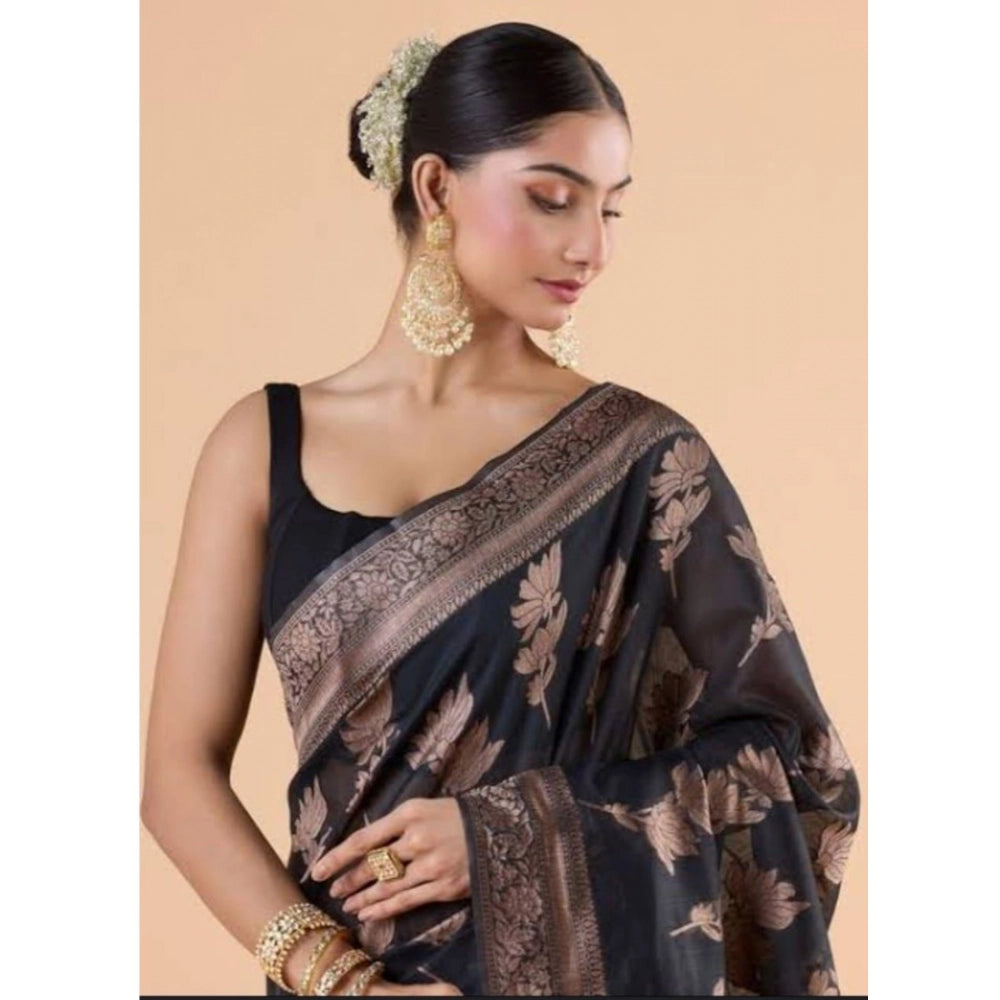 Vaystra Silk Printed Saree With Unstitched Blouse 5.5Mtr – Black