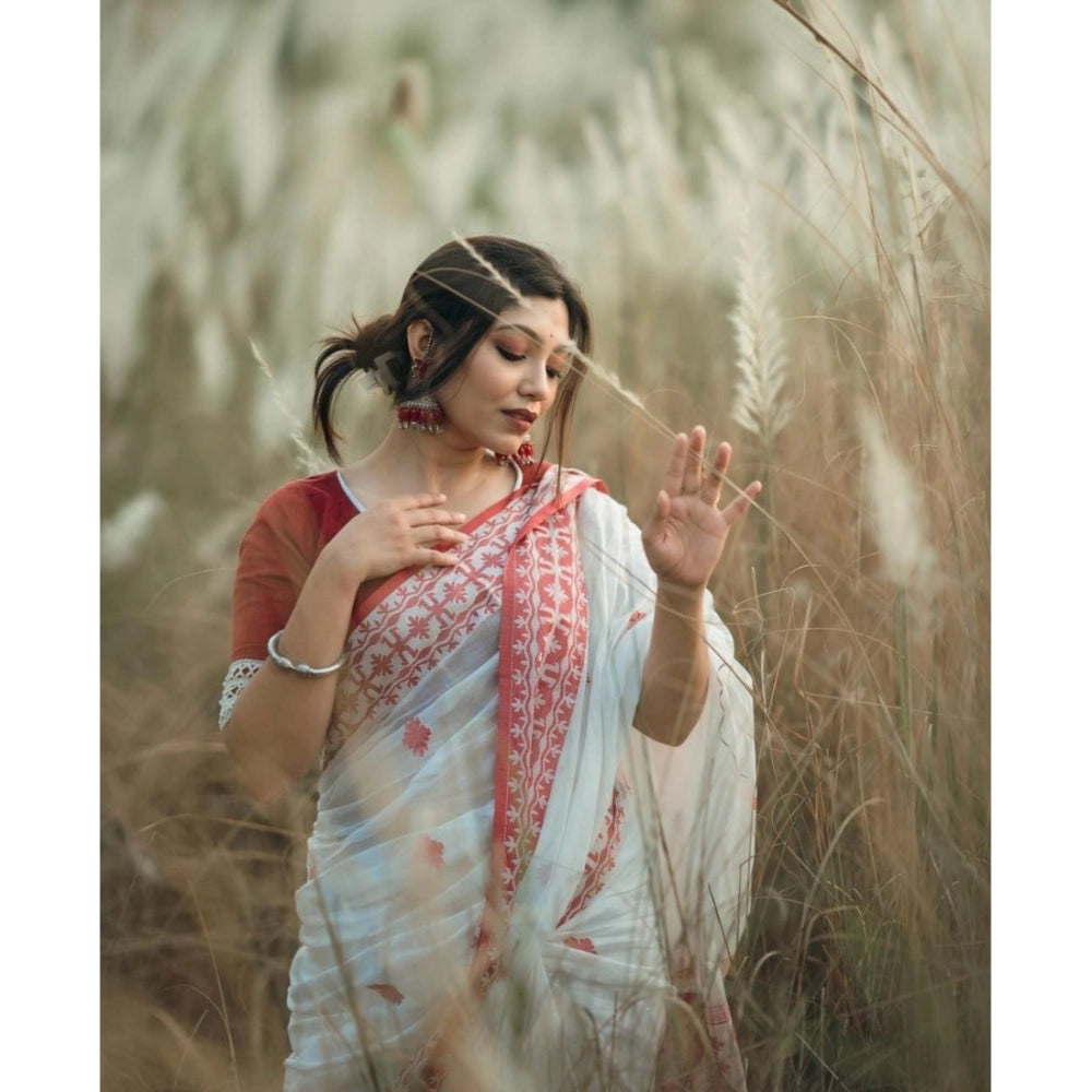 Vaystra Cotton Printed Saree With Unstitched Blouse 5.5Mtr – White-Red