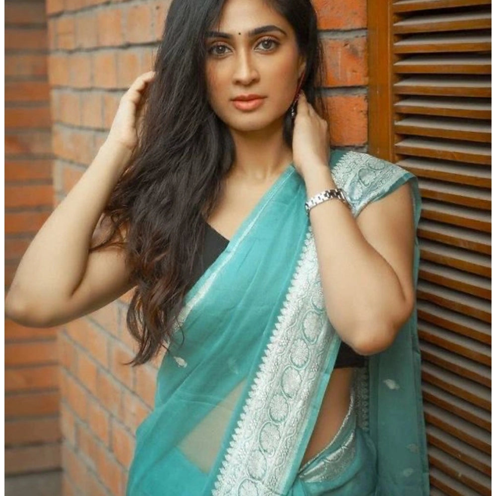 Vaystra Cotton Printed Saree With Unstitched Blouse 5.5Mtr – Sky Blue