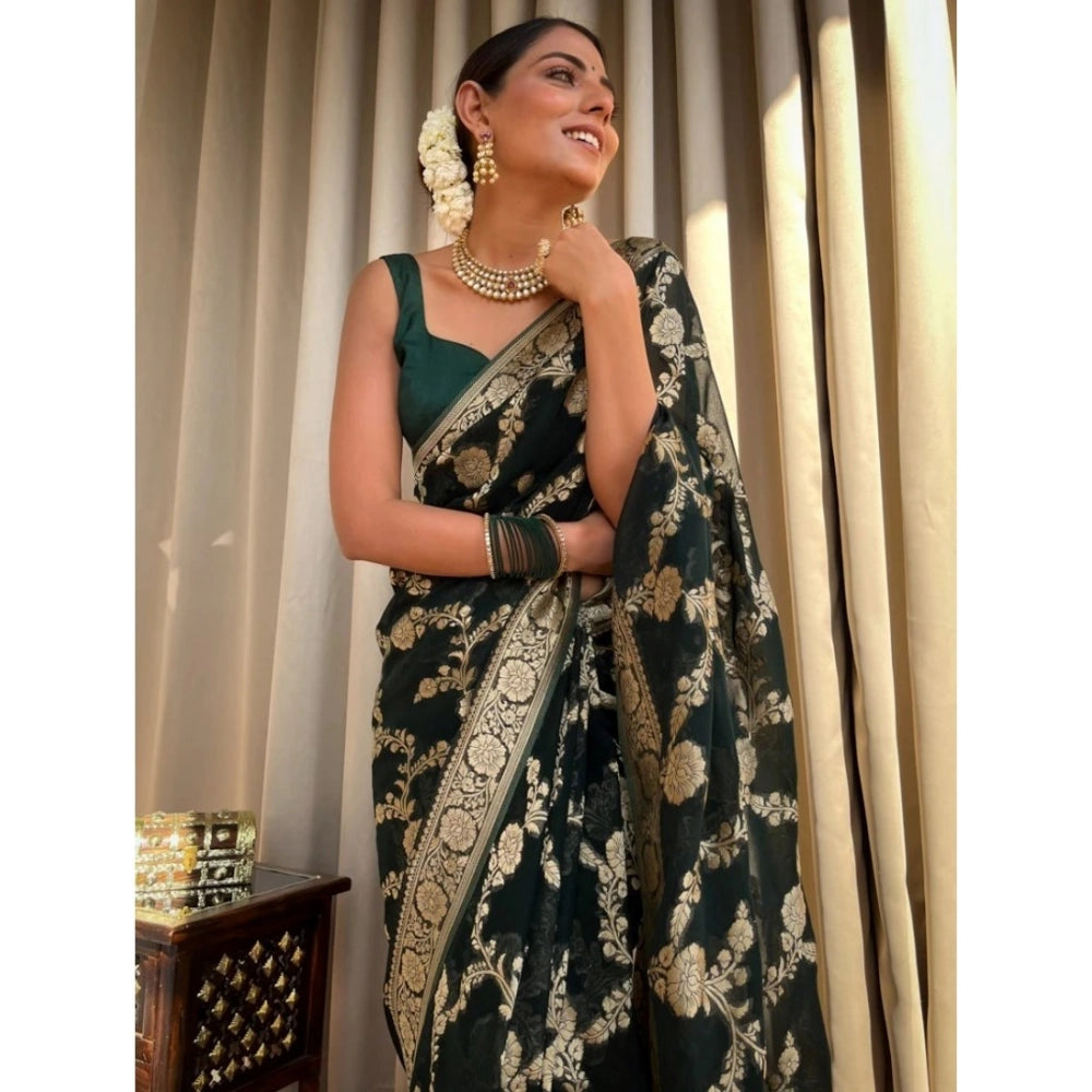 Vaystra Silk Printed Saree With Unstitched Blouse 5.5Mtr – Dark Green