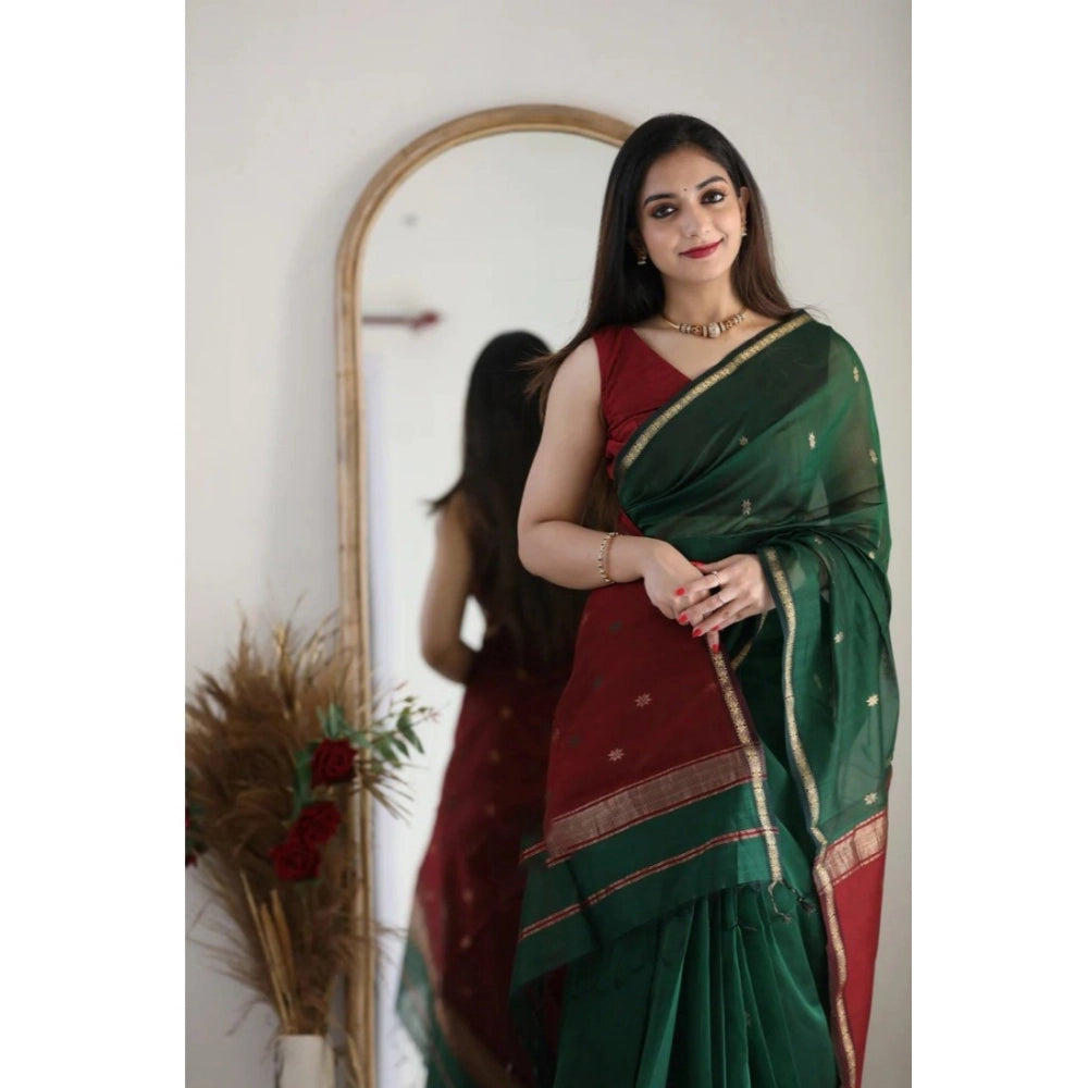 Vaystra Cotton Printed Saree With Unstitched Blouse 5.5Mtr – Dark Green