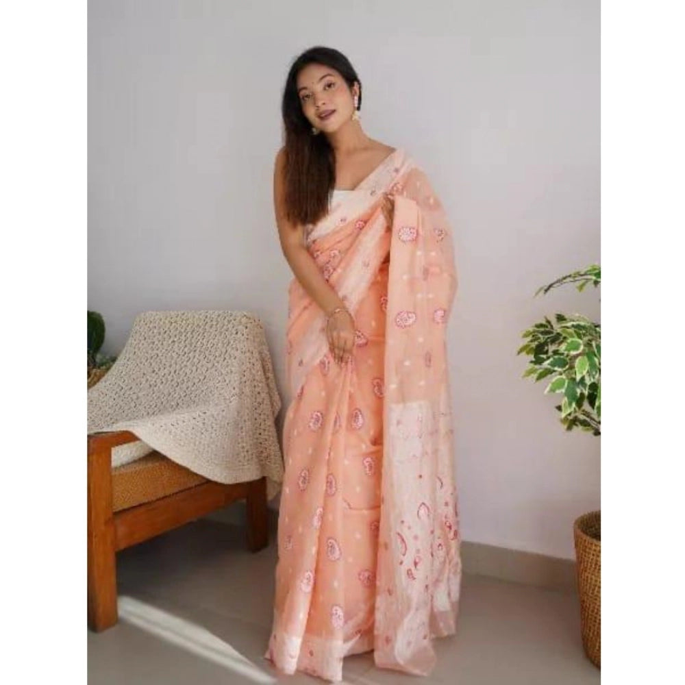 Vaystra Cotton Printed Saree With Unstitched Blouse 5.5Mtr – Peach