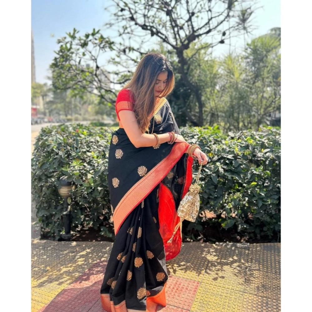 Vaystra Silk Printed Saree With Unstitched Blouse 5.5Mtr – Black-Red