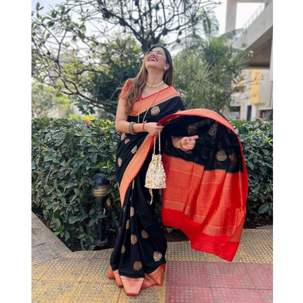 Vaystra Silk Printed Saree With Unstitched Blouse 5.5Mtr – Black-Red