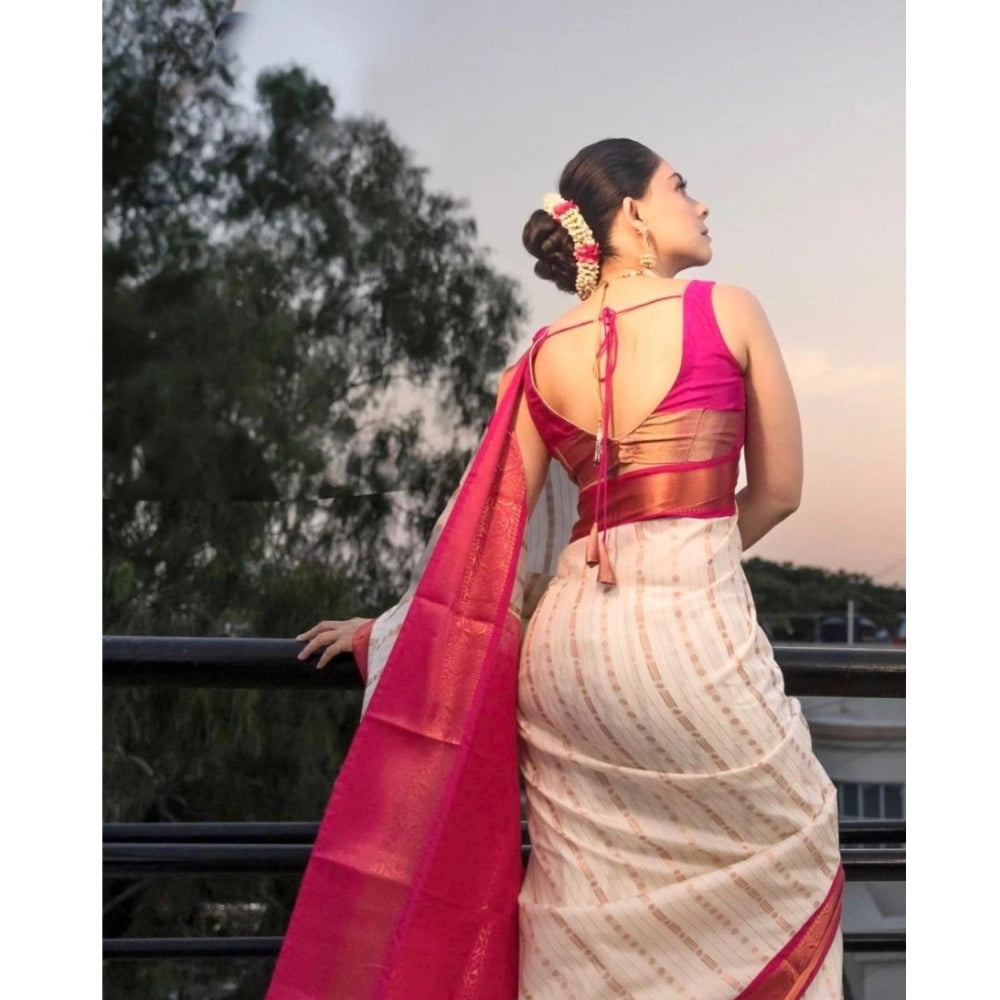 Vaystra Silk Printed Saree With Unstitched Blouse 5.5Mtr – White-Pink