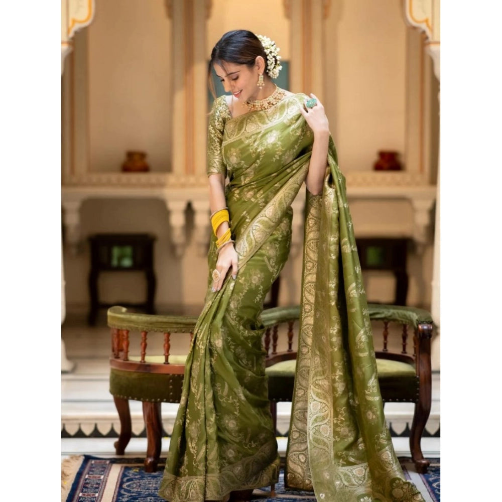 Vaystra Silk Printed Saree With Unstitched Blouse 5.5Mtr – Olive Green