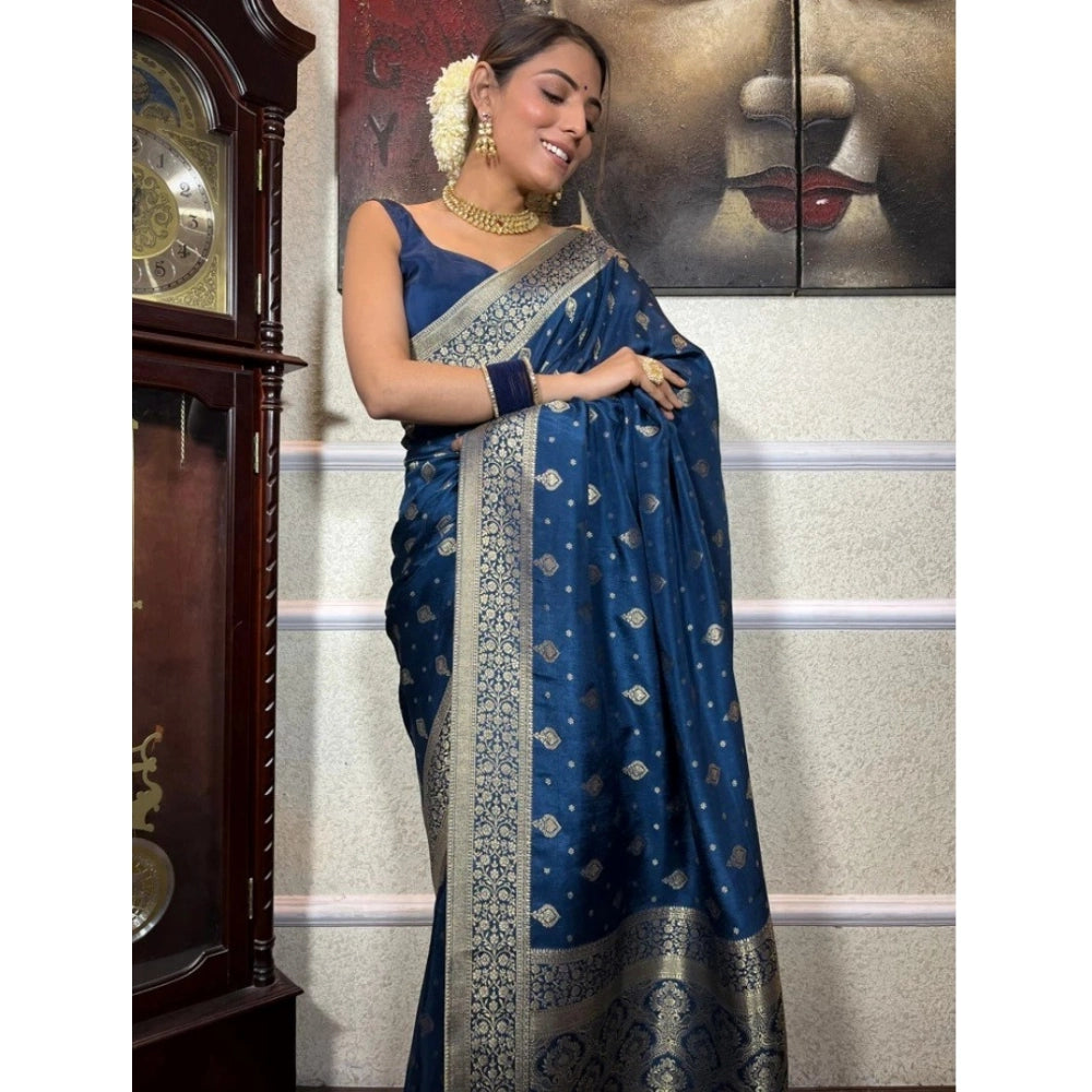 Vaystra Silk Printed Saree With Unstitched Blouse 5.5Mtr – Rama Blue