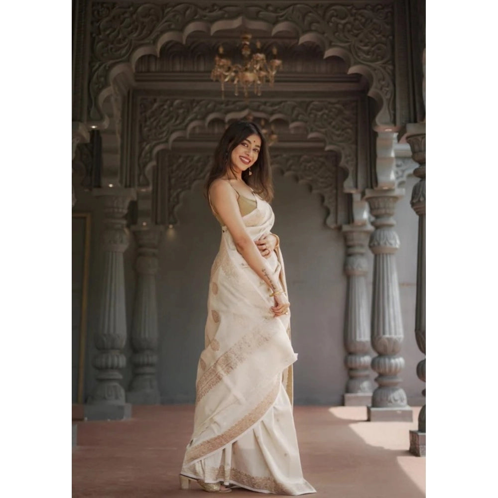 Vaystra Cotton Printed Saree With Unstitched Blouse 5.5Mtr – Cream