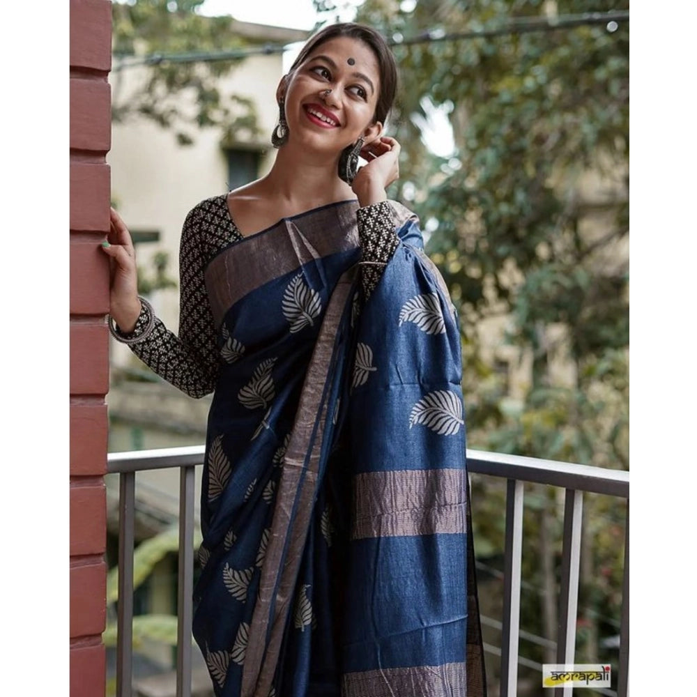 Vaystra Silk Printed Saree With Unstitched Blouse 5.5Mtr – Navy Blue