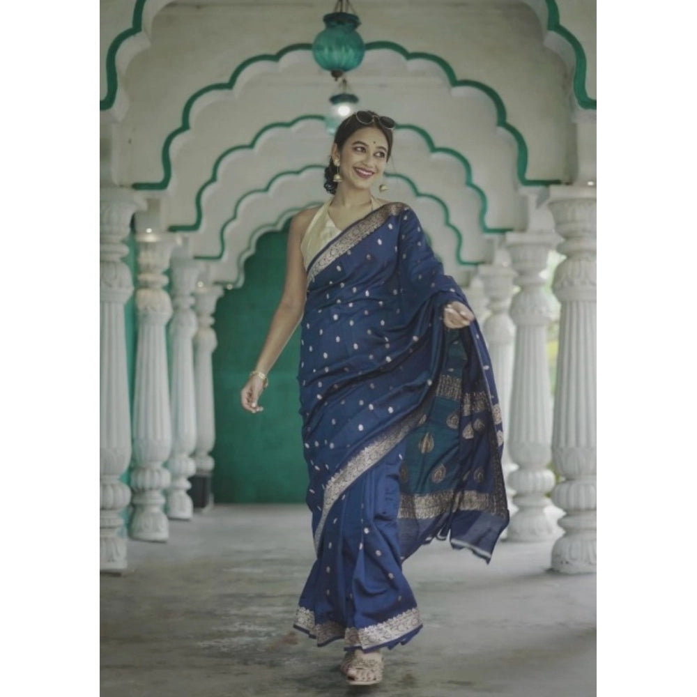 Vaystra Cotton Printed Saree With Unstitched Blouse 5.5Mtr – Navy Blue
