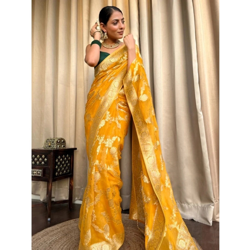 Vaystra Silk Printed Saree With Unstitched Blouse 5.5Mtr – Gold Yellow
