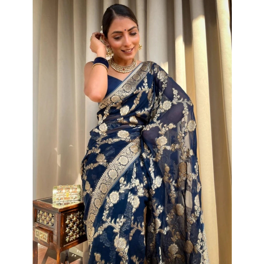 Vaystra Silk Printed Saree With Unstitched Blouse 5.5Mtr – Dark Blue