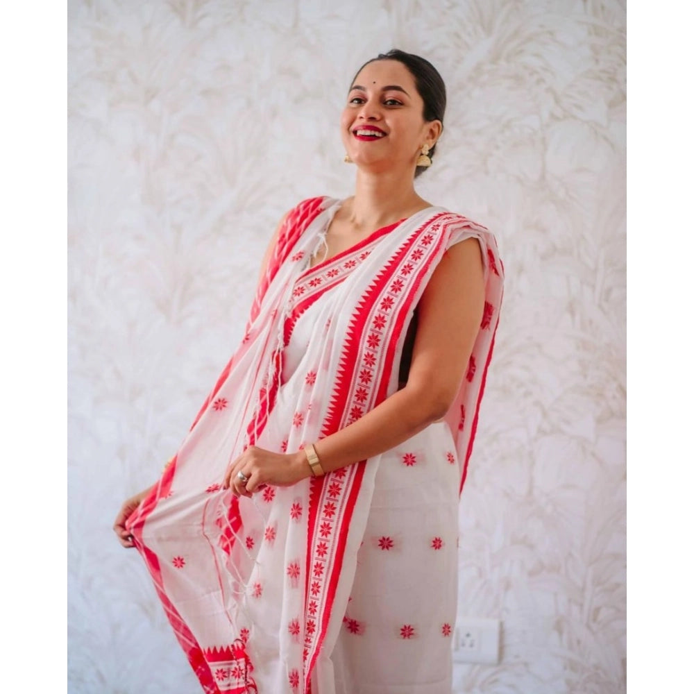 Vaystra Cotton Printed Saree With Unstitched Blouse 5.5Mtr – White-Pink