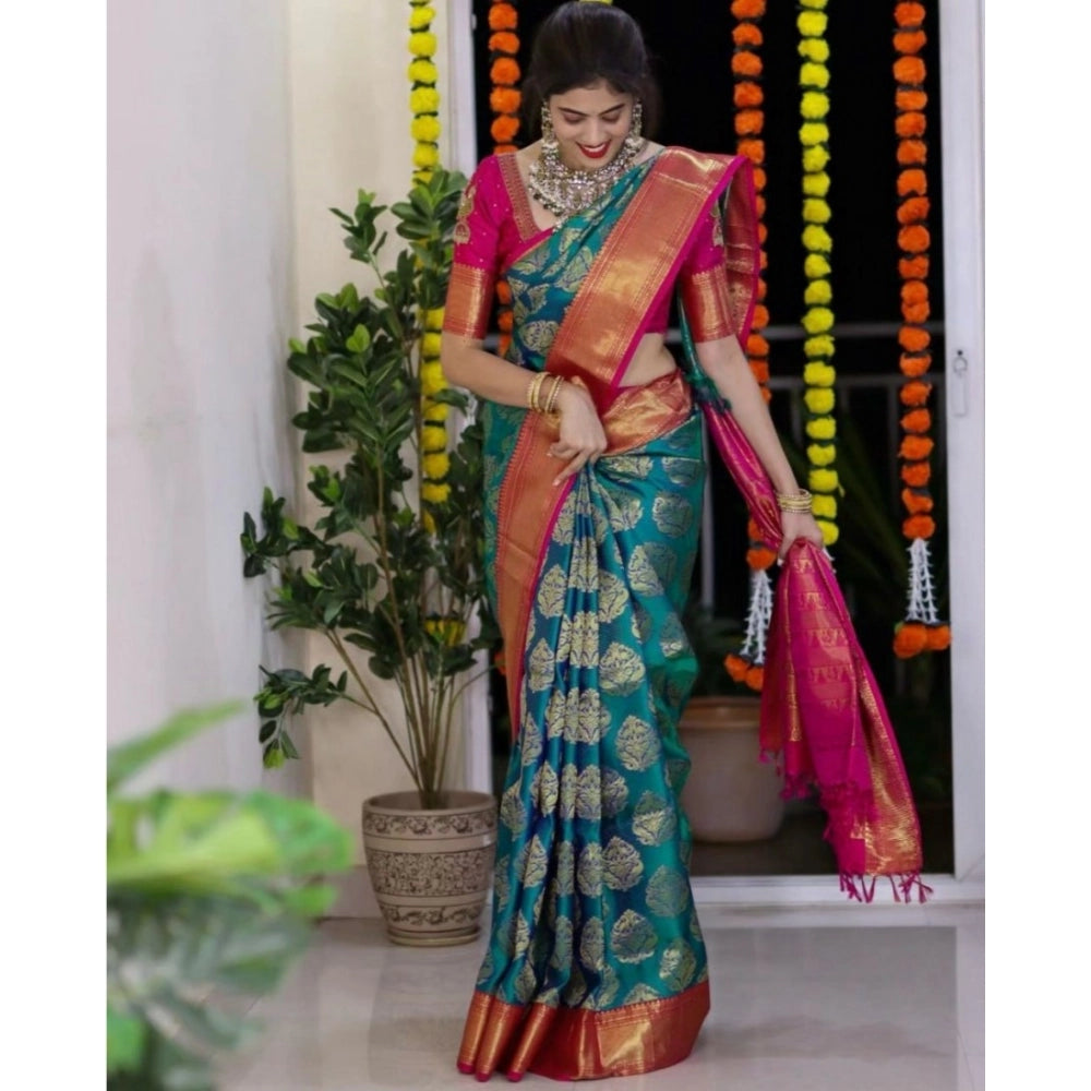 Vaystra Silk Printed Saree With Unstitched Blouse 5.5Mtr – Teal Blue